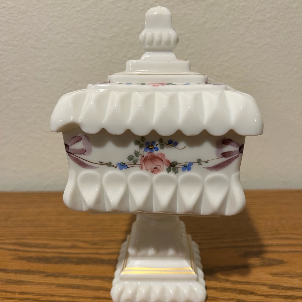 Waterford Milk Glass Candy Dish With Floral Design - Picture 2 of 12